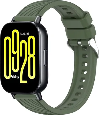 A close-up studio shot of a smartwatch with a dark green strap.