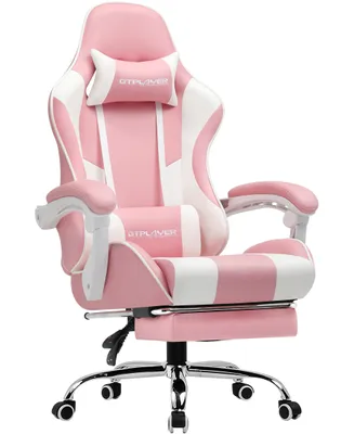 A pink and white gaming chair.