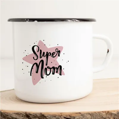 Produktbild von Huuraa Emaille Tasse Super Mom Geschenk Kaffeebecher Vintage 300ml Super Mom Präsent