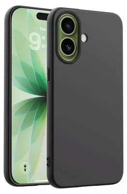 A black phone case is shown next to a smartphone.