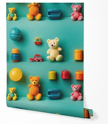 Produktbild von Vliestapete Kinder Spielzeug Teddybären Autos Bälle Bunt Verspieltes Design Kinderzimmer Babyzimmer Schlafzimmer Spielzimmer Modern Weicher Stil UV-beständige Tapete 5m x 0.5m