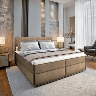 A luxurious bedroom with a large bed, bedside tables, and a chair.