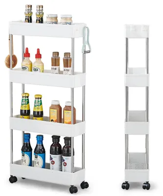 Produktbild von Küchenwagen mit 4 Ablagen, Küchenregal, Nischenregal auf Rollen, Rollwagen, Nischenregal 13 cm breit, Aufbewahrungsregal für Küche, Büro, Badezimmer, Waschküche, Kunststoff 40 x 13 x 86 cm