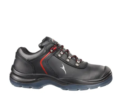 A black safety shoe with red accents and laces, shown from the side against a white background.