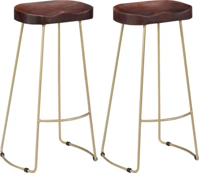 Image de Tabouret de bar "Petting" en bois massif de manguier avec finition en noyer et fer peint par poudrage en brun noyer et laiton. Dimensions (L/L/H) 45x40x78 cm
