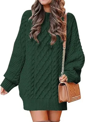 Produktbild von ASKSA Damen Pulloverkleid Rundhalsausschnitt Langarm Zopfmuster Rollkragen Chunky Pullover Kurze Pulloverkleider, Dunkelgruen, S