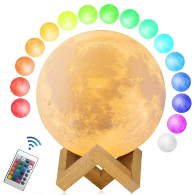 Image de Lampe 3D Mond, 15 cm – 16 couleurs, variateur d'intensité, contrôle tactile et télécommande, batterie de 1000 mAh, autonomie de 17 heures, matériau PLA, design réaliste, idéal comme cadeau pour la maison – avec support en bois