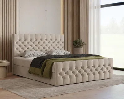 Produktbild von Chesterfield Boxspringbett, Kontinentalbett aus Samt, Polsterbett, dekorativem Kopfteil Doppelbett mit Bonell-Matratze, Topper und Bettkasten (gepolstertes Kopfteil, Boxspring) -Boxspringbett 12 180x200 – Beige (Manila 02)