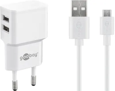 Produktbild von 100x Goobay 44985 Micro-USB Dual-Ladeset (12 W), Weiß, 1 m - Netzteil mit 2x USB-Anschlüssen, Micro-USB-Kabel, 1 m, weiß