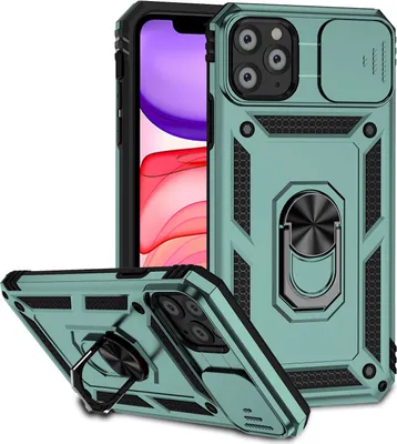 Image de Étui pour iPhone 11 Pro étui double couche avec couvercle coulissant pour appareil photo et support annulaire vert