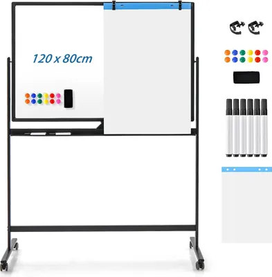 Produktbild von GOPLUS Whiteboard magnetisch mit Ständer, doppelseitiges Whiteboard mit Zubehör Set, Trocken abwischbar, mobiles Whiteboard höhenverstellbar (120 x 80cm, Schwarz)