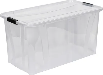 A clear, studio shot of a transparent plastic storage box with a lid.
