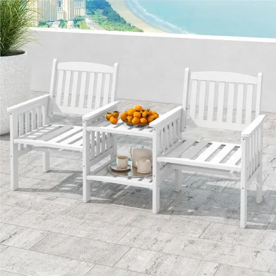 Image de Banc de jardin - Banc d'extérieur - Banc de terrasse - Banc de balcon - Banc de pique-nique - Banc en bois pour 2 personnes avec table - Support de parasol