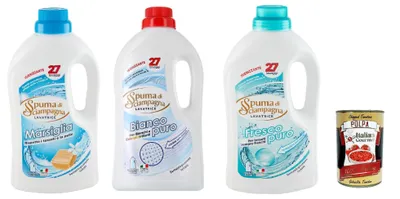 Produktbild von Spuma di Sciampagna TestPaket Detersivo Lavatrice Marsiglia, Bianco Puro. Fresco Puro, Desinfizierendes Flüssigwaschmittel, 27 Wäschen, 3x 1215ml + Italian Gourmet polpa 400g