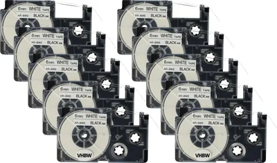 Produktbild von vhbw 10x Schriftband-Kassette kompatibel mit Casio KL-200, KL-130, KL-100E, KL-120, KL-1500, CW-L300 Etiketten-Drucker 8m x 6mm Schwarz auf Weiß