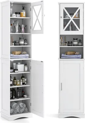 Produktbild von Schmaler Badezimmerschrank mit 5 Verstellbaren Regalen & 2 Türen Freistehender Hochschrank Weiß