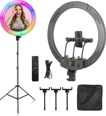 Image de Grande lampe annulaire pour selfies, réglable en hauteur de 100 à 200 cm, température de couleur de 2500 K à 8500 K, trépied RGB de 200 cm