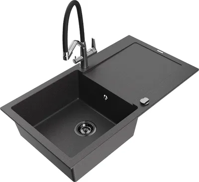 Produktbild von Mexen Leo 1 Becken-Granitspüle mit Abtropffläche und Mischbatterie Duo, Schwarz gesprenkelt - 6501-76-671701-07-B