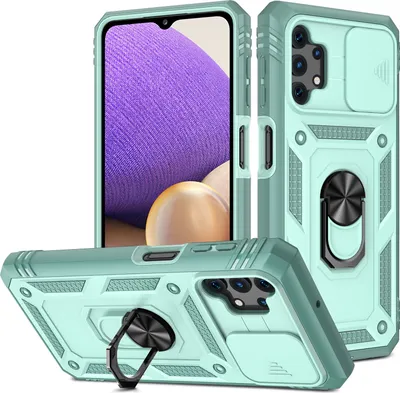 Image de Etui pour Samsung Galaxy A32 5G avec protection de l'appareil photo coulissant, résistant aux chocs, avec porte-anneau, support et porte-cartes Vert