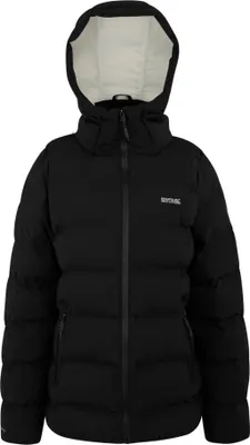 A black puffer jacket for women, shown from the front against a white background.