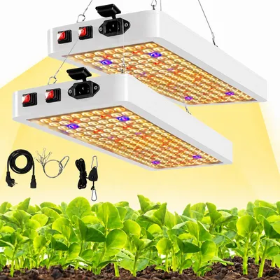 Immagine prodotto di 2 lampade a LED a spettro completo da 288 LED, ideali per la crescita delle piante, che simulano la luce solare. Lampada per piante da interno, adatta per serre e sistemi di coltivazione idroponica