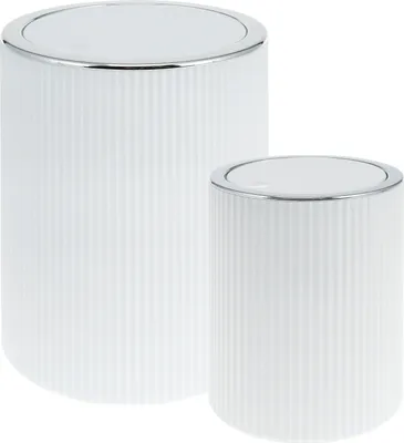 Produktbild von bremermann Kosmetikeimer 2er Set GAVELLO mit Schwingdeckel | Mini 1,5 L und 5,5 L Badeimer mit Rillendekor, Kunststoff weiß, rund