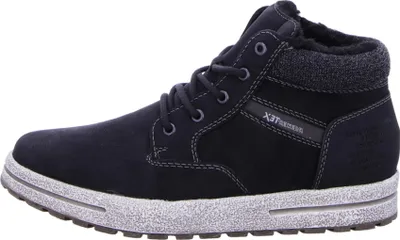 A side view of a black high-top sneaker boot.