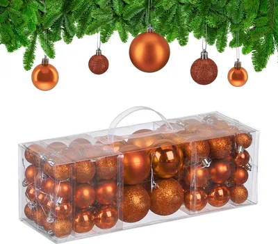 Image de Lot de 76 boules de Noël Relaxdays, en plastique, boules scintillantes, mates et brillantes, décorations pour sapin de Noël, orange