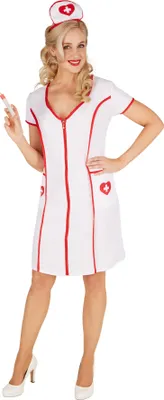 A woman in a nurse costume holding a syringe.