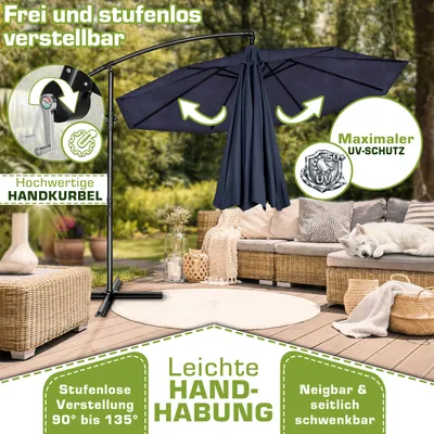 Produktbild von tillvex Sonnenschirm Navy-Blau Ø 300 cm Ampelschirm Gartenschirm Marktschirm Kurbel Balkon Alu Neigbar