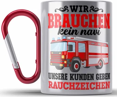 Produktbild von Trendation - Feuerwehr Edelstahl Tasse Karabiner Geschenk Feuerwehrgeschenkartikel Mann Männer Erwachsene Feuerwehrmann Edelstahl Tasse Karabiner Spruch (Rot)