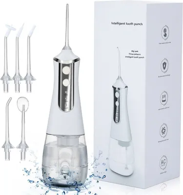 Produktbild von Munddusche, Professionelle Elektrische Kabellose Munddusche, Munddusche Zahnreiniger Wasser Flosser Oral irrigator, 3 Modi, IPX7 Wasserdicht mit 5 Düsen, USB-Ladekabel, 350ML Weiß