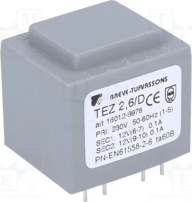 Obrázek produktu pro 1x Transformátor: izolovaný, 12V, 2,5VA, 104,1mA, 12V/230VAC, 104,1mA, typ TEZ2.6/D230/12-1