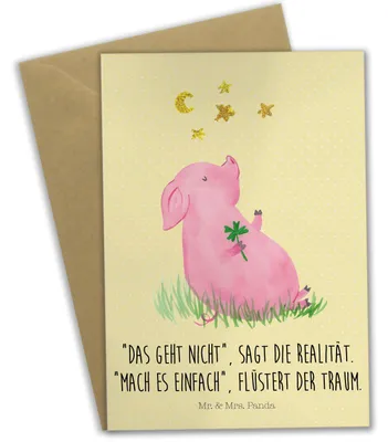 Produktbild von Mr. & Mrs. Panda Grußkarte Schwein Glück - Gelb Pastell - Geschenk, babykarte, Glücksbringer, weihnachtskarten, hochzeitskarten, osterkarten, einladungskarten, Motivation