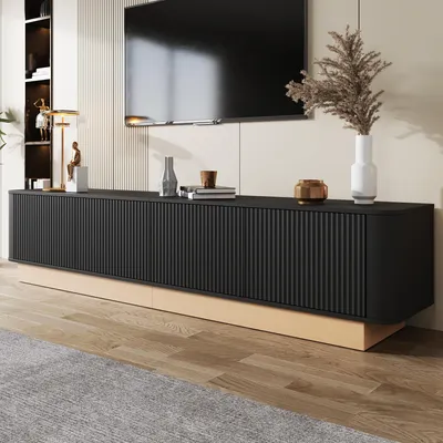 Immagine prodotto di MODFU: Tavolino TV nero con ampio spazio di archiviazione, mobile TV moderno con design a listelli, ripiani regolabili e quattro ante