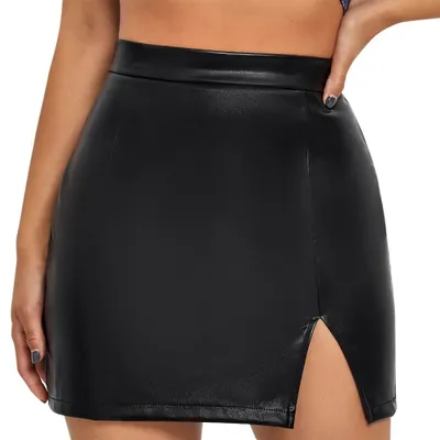 Produktbild von Damen Leder Kurzer Rock Hohe Taille Split Enges Paket Hüfte Kunstleder Rock Damen