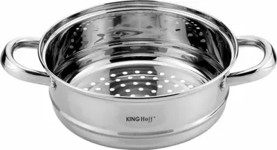 A stainless steel steamer insert with handles, shown from a slightly elevated front-left angle on a white background.