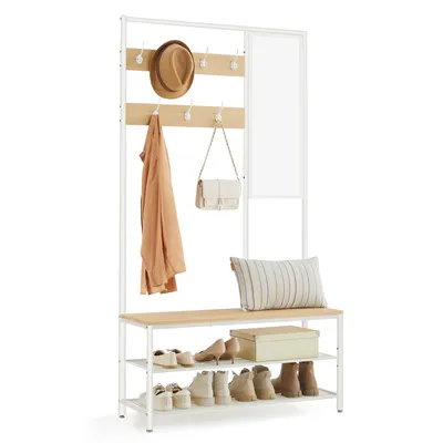 Produktbild von VASAGLE Kleiderständer, Garderobe, Garderobenständer mit Haken, Spiegel, Sitzbank, 35 x 98 x 180 cm, für Eingangsbereich, Schlafzimmer, Wohnzimmer, Industrie-Design, Eichenfarben-Weiß HSR415W01