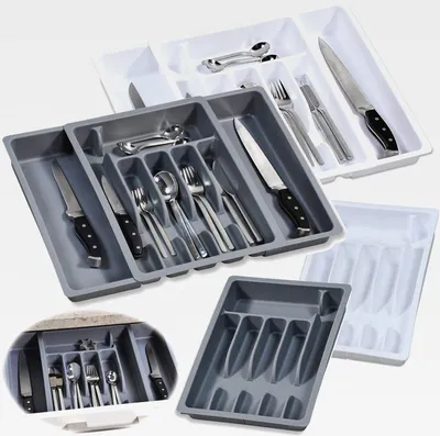 Produktbild von Schubladeneinsatz Besteckkasten Weiß 29-50cm Kunststoff ausziehbar Besteckbox Organizer Schubladentrenner Küche verstellbar Utensilienhalter für Küchen-Schubladen