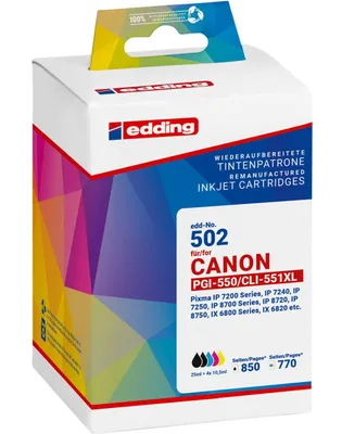 Produktbild von Edding EDD-502 Tintenpatronen Multipack, schwarz, photo schwarz, cyan, magenta, yellow kompatibel zu PGI-550XLBk + CLI-551XLBk/C/M/Y, Schwarz, Cyan, Magenta, Gelb, 25 ml, 10,5 ml, 5 Stück(e), 850 Seiten, Einzelpackung