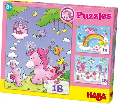 Produktbild von Puzzles Einhorn Glitzerglück. 3 Motive 12, 15, 18 Teile