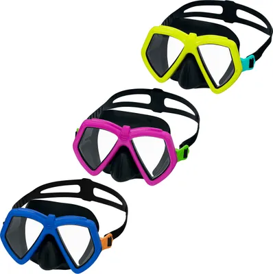 Three different colored dive masks are shown stacked on a white background.