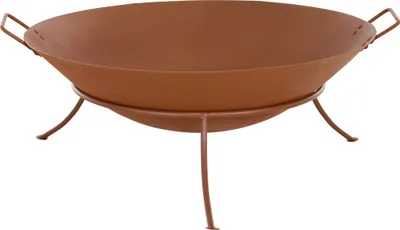 A rusty brown fire bowl on a stand, photographed against a white background.
