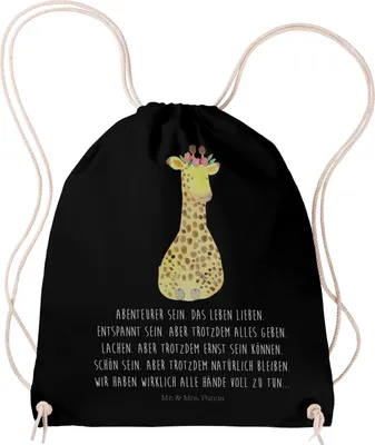Produktbild von Mr. & Mrs. Panda Jutebeutel Giraffe Blumenkranz - Schwarz - Geschenk, Kleiner Rucksack, Afrika, wander, Freundin, Rucksackbeutel, festival, gym tasche, Abenteurer