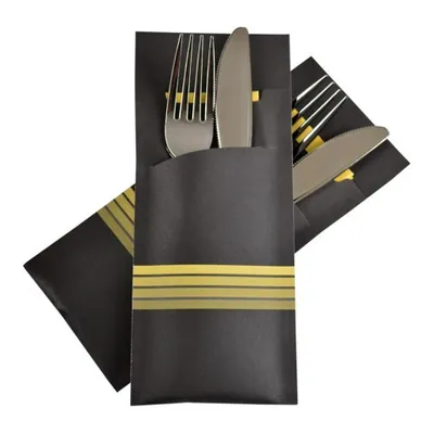 Produktbild von 520x Pochetto Bestecktaschen 200x85mm schwarz gelbe Streifen inkl Serviette