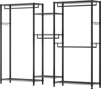 Produktbild von SucceBuy Verstellbarer Kleiderständer mit 4 Stangen, 7 Regalen, 8 Haken und 385,5 kg Tragkraft – Offener Kleiderschrank für Schlafzimmer, Bekleidungsgeschäfte, Garderoben und Flure