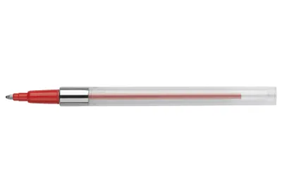 A red ink refill for a pen, shown horizontally against a white background.