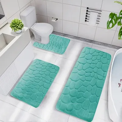 Produktbild von OKWISH Badematten Set 3-teilig grün, rutschfest & saugfähig, WC Vorleger U-Form, Badteppich Set weich & modern