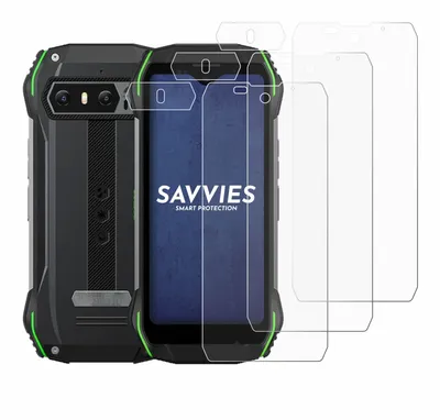 A rugged smartphone is shown next to several transparent screen protectors.