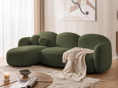 Produktbild von Nuvola - Moderne Ecksofa L-Form aus Grün Bouclé-Stoff mit abgerundetem Design und hohem Sitzkomfort